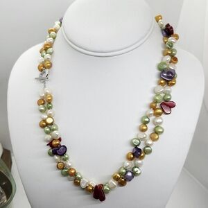Double Strand Pearl Shell Coral Necklace